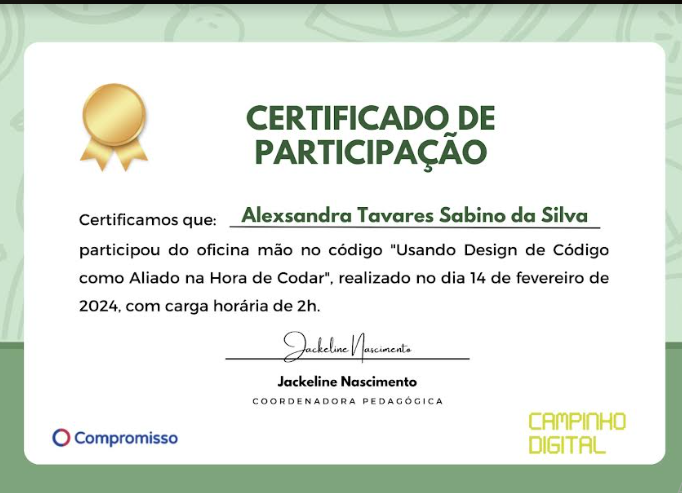 Certificado Participação Usando design de código - Campinho Digital